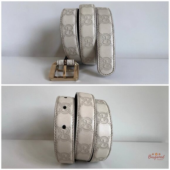 Authentic Gucci Cream Monogram Leather Gold Buckle Belt 85/34 - Picture 6 of 13